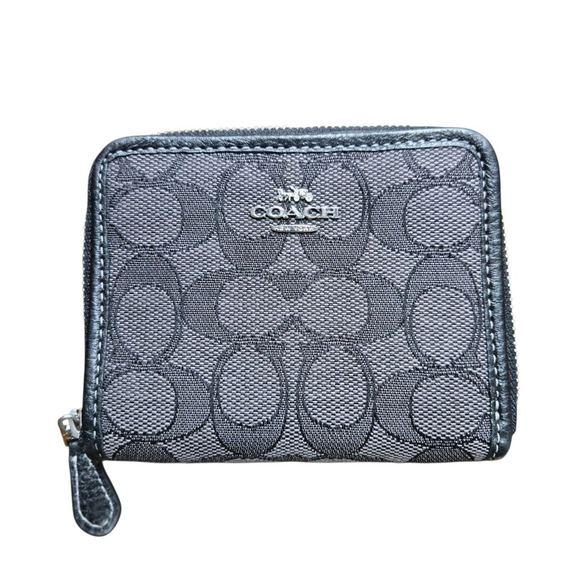 Coach Wallet Small Classic Zip Around Bifold Gray Black Jacquard Clean Leather - Picture 1 of 9